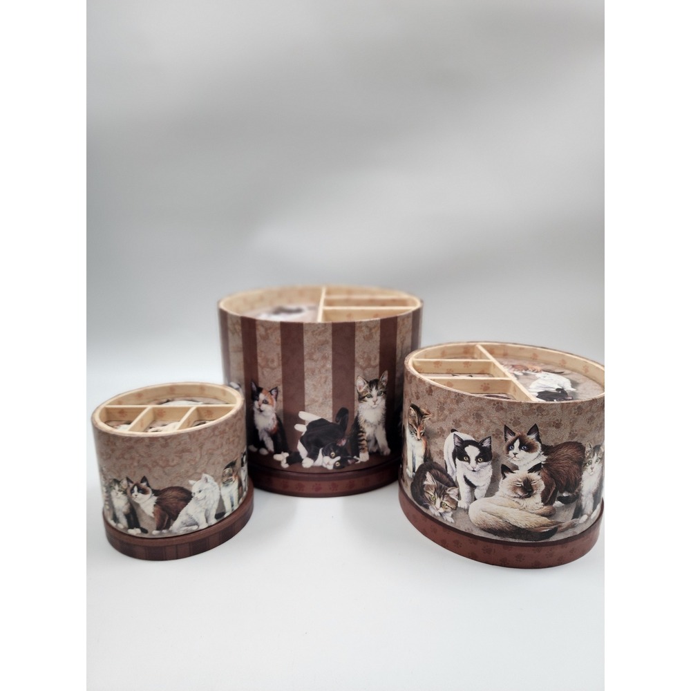 Nesting Cat Storage Boxes Set of 3 Round Decorative Organizers with Trays Brown